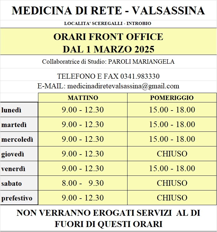 Orari front office dal 1 marzo