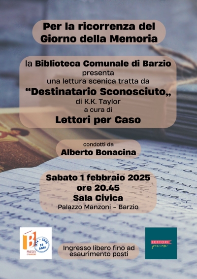 &quot;DESTINATARIO SCONOSCIUTO&quot;: IL 1° FEBBRAIO A BARZIO IN SALA CIVICA PER IL GIORNO DELLA MEMORIA