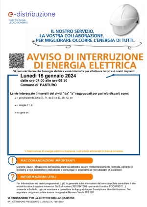 LUNEDI&#039; A PASTURO INTERRUZIONI DELL&#039;EROGAZIONE DELL&#039;ENERGIA ELETTRICA