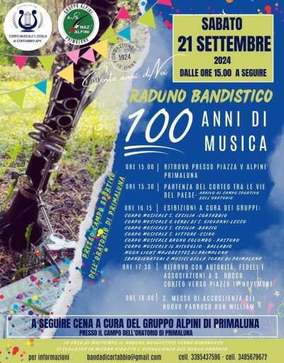 IL SABATO STRAORDINARIO DI PRIMALUNA E DELLA VALSASSINA: INGRESSO DEL NUOVO PARROCO E FESTA PER I 100 ANNI DEL CORPO MUSICALE S. CECILIA