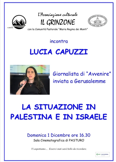 A PASTURO IL 1° DICEMBRE SI PARLA DELLA SITUAZIONE IN PALESTINA E ISRAELE