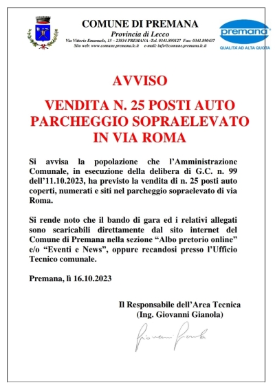 PREMANA: AL VIA LA PRENOTAZIONE DEI POSTI AUTO DEL PARCHEGGIO DI VIA ROMA