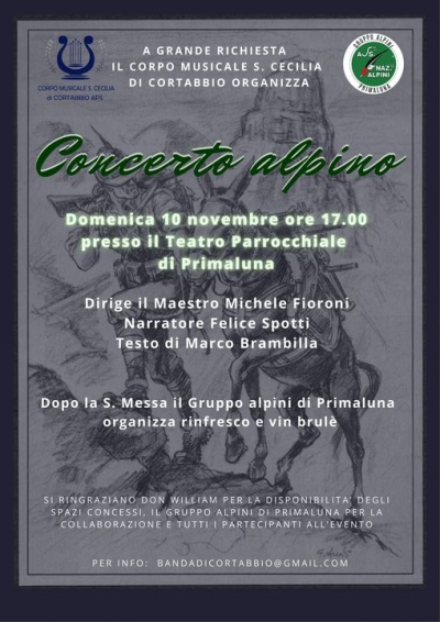 DOMENICA POMERIGGIO A PRIMALUNA CONCERTO ALPINO CON LA BANDA DI CORTABBIO