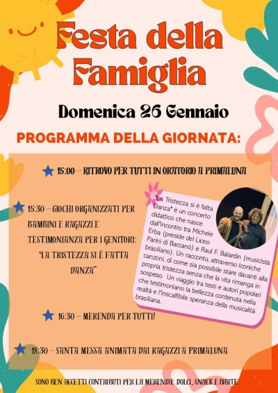 DOMANI A PRIMALUNA LA FESTA DELLA FAMIGLIA. TEMA &quot;RACCONTIAMO SEGNI DI SPERANZA - PENSARE LA PACE, CERCARE LA PACE, OPERARE PER LA PACE&quot;