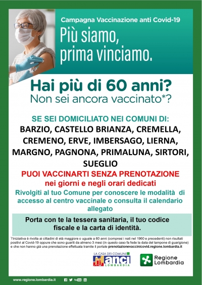 ACCESSO LIBERO AI VACCINI PER OVER 60: BARZIO, CREMENO, MARGNO, PAGNONA E PRIMALUNA I COMUNI DELLA VALLE INTERESSATI