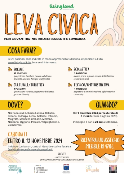 LEVA CIVICA: UNA BELLA OPPORTUNITA' PER I GIOVANI TRA I 18 E 28 ANNI