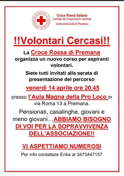 I SINDACI DELL&#039;ALTA VALLE SCRIVONO AI CITTADINI: SERVONO VOLONTARI PER LA CROCE ROSSA DI PREMANA