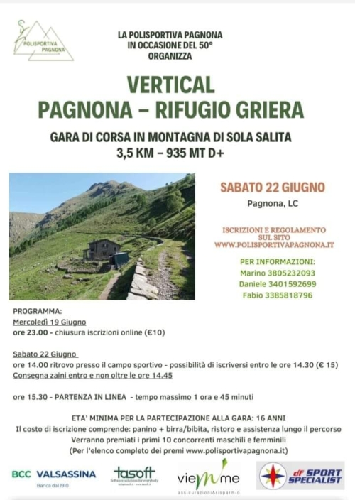 SABATO 22 GIUGNO LA POLISPORTIVA PAGNONA ORGANIZZA LA PAGNONA - RIFUGIO GRIERA