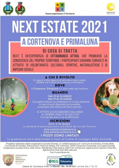 NEXT ESTATE 2021 A PRIMALUNA E CORTENOVA: IL 25 GIUGNO SCADONO I TERMINI PER LE ISCRIZIONI