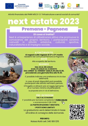 NEXT ESTATE 2023: OPPORTUNITA&#039; PER I RAGAZZI DI PREMANA E PAGNONA