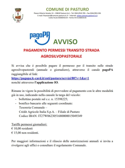 PASTURO: LE MODALITA&#039; DI PAGAMENTO DEI PERMESSI DI TRANSITO SULLE AGROSILVOPASTORALI