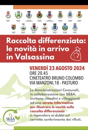 VALSASSINA: LE NOVITA&#039; SULLA RACCOLTA DIFFERENZIATA SARANNO ILLUSTRATE IL 23 AGOSTO A PASTURO