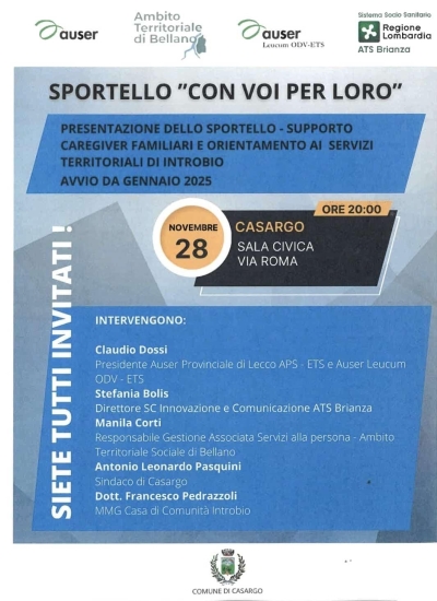 STASERA A CASARGO PRESENTAZIONE DELLO SPORTELLO &quot;CON VOI PER LORO&quot;