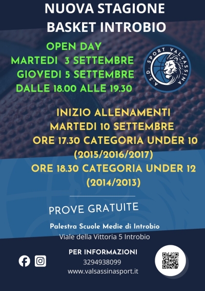 RIPARTE LA STAGIONE DEL BASKET A INTROBIO CON GLI OPEN DAY