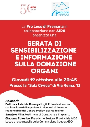 GIOVEDI&#039; PROSSIMO A PREMANA SERATA DI SENSIBILIZZAZIONE SULLA DONAZIONE DI ORGANI