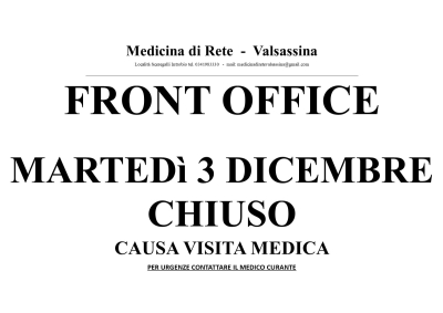 CASA DI COMUNITA&#039; INTROBIO: MARTEDI&#039; FRONT OFFICE CHIUSO