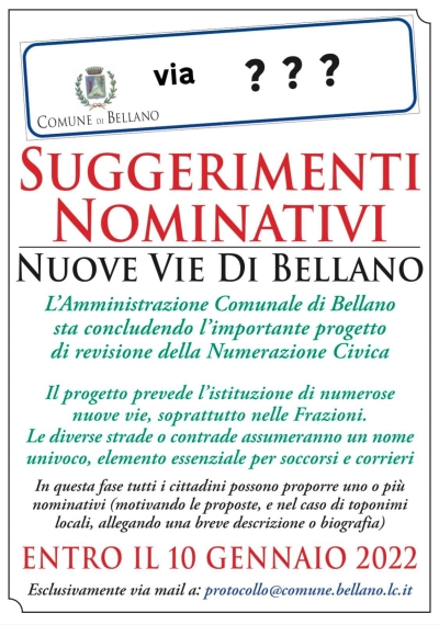 IL COMUNE DI BELLANO CERCA SUGGERIMENTI