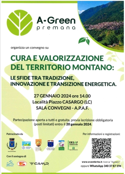 CURA E VALORIZZAZIONE DEL TERRITORIO MONTANO: SE NE PARLERA&#039; IL 27 GENNAIO A CASARGO CON IL CONVEGNO &quot;A-GREEN&quot;