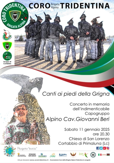 A CORTABBIO IL CORO DELLA TRIDENTINA PER RICORDARE GIOVANNI BERI, STORICO CAPOGRUPPO DEGLI ALPINI