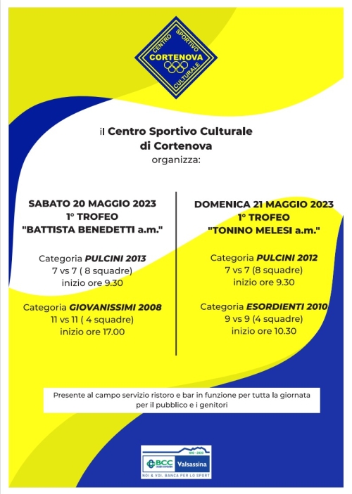 UNA &quot;DUE GIORNI&quot; DEDICATA AL CALCIO GIOVANILE A CORTENOVA CON I TROFEI BATTISTA BENEDETTI E TONINO MELESI