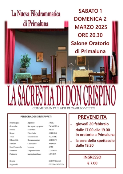 PRIMALUNA: LA NUOVA FILODRAMMATICA PRESENTA &quot;LA SACRESTIA DI DON CRISPINO&quot;