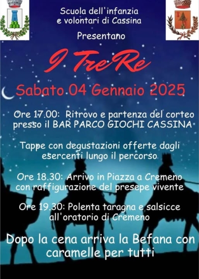 SABATO 4 GENNAIO A CASSINA ARRIVANO I TRE RE