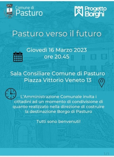 DOMANI SERA A PASTURO SI PARLA DEL &quot;PROGETTO BORGHI&quot;