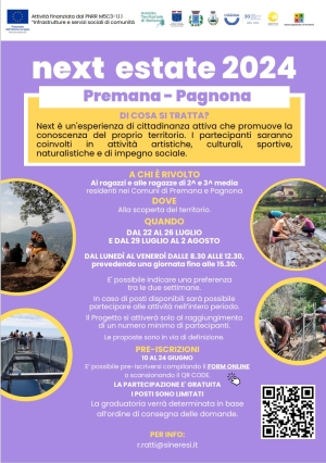 NEXT ESTATE 2024 PAGNONA-PREMANA: APERTE LE ISCRIZIONI