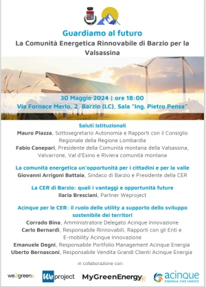 IL 31 MAGGIO INCONTRO SULLA COMUNITA&#039; ENERGETICA DI BARZIO