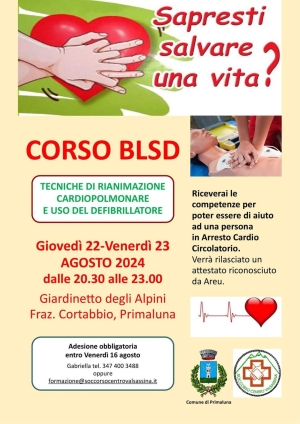 A CORTABBIO GIOVEDI&#039; E VENERDI&#039; UN CORSO DI RIANIMAZIONE E USO DEL DEFIBRILLATORE