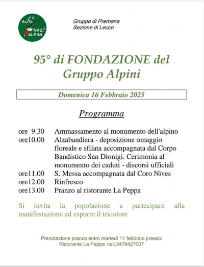 DOMANI A PREMANA LA FESTA PER IL 95° DEL GRUPPO ALPINI