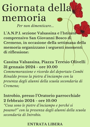 IL 31 GENNAIO E IL 2 FEBBRAIO ANPI E ICS CREMENO COMMEMORANO LA SETTIMANA DELLA MEMORIA