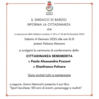 BARZIO: CITTADINANZE BENEMERITE A PAOLA POZZONI E GIANFRANCO POLVARA. IL 4 GENNAIO A PALAZZO MANZONI