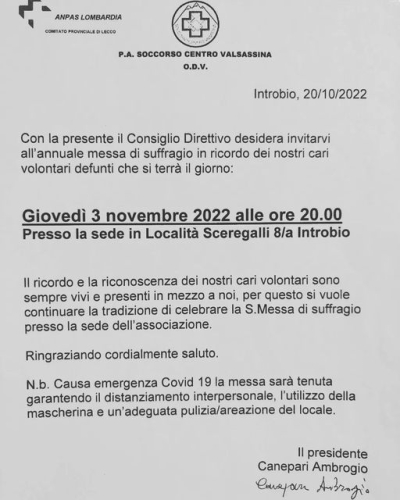 QUESTA SERA IL SOCCORSO CENTRO VALSASSINA RICORDA I VOLONTARI DEFUNTI CON UNA S. MESSA