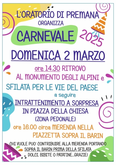 A PREMANA IL 2 MARZO FESTA DI CARNEVALE. ORGANIZZA L'ORATORIO