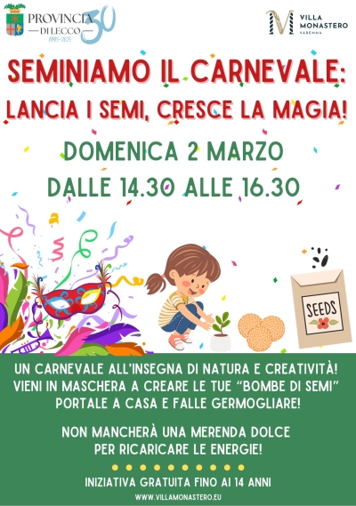 DOMANI A VILLA MONASTERO UN CARNEVALE ALL'INSEGNA DELLA NATURA E DELLA CREATIVITA'