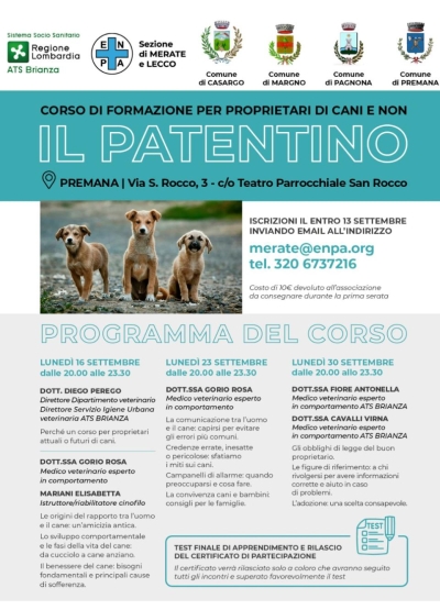 CORSO DI FORMAZIONE PROPRIETARI DI CANI A PREMANA DAL 16 SETTEMBRE. ISCRIZIONI ENTRO IL 13