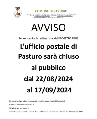 PASTURO SENZA UFFICIO POSTALE DAL 22 AGOSTO AL 17 SETTEMBRE