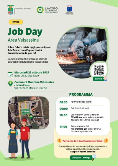 VALSASSINA: MERCOLEDI&#039; 23 OTTOBRE E&#039; IL &quot;JOB DAY&quot;. APPUNTAMENTO IN COMUNITA&#039; MONTANA