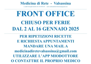 FRONT OFFICE MEDICINA DI RETE: DAL 2 AL 16 GENNAIO SARA&#039; CHIUSO