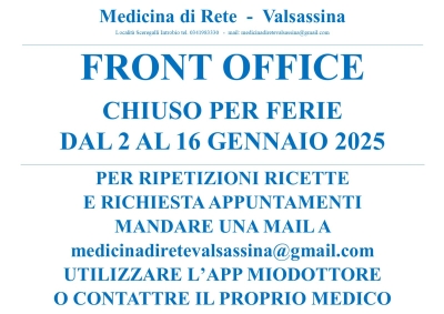 FRONT OFFICE MEDICINA DI RETE: DAL 2 AL 16 GENNAIO SARA' CHIUSO