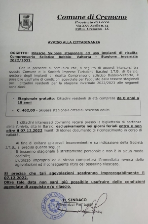 CREMENO: C&#039;E&#039; TEMPO FINO AL 7 DICEMBRE PER GLI STAGIONALI DI BOBBIO. GRATIS FINO A 18 ANNI, SCONTATI PER ADULTI