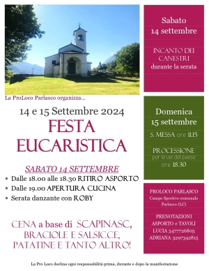 IL 14 E 15 SETTEMBRE A PARLASCO FESTA EUCARISTICA. ORGANIZZA LA PRO LOCO