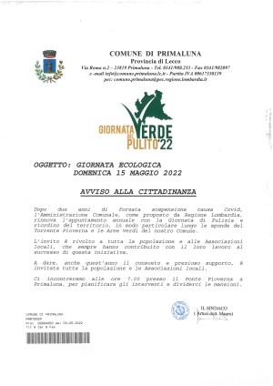 ANCHE PRIMALUNA ADERISCE ALLA &quot;GIORNATA DEL VERDE PULITO&quot;