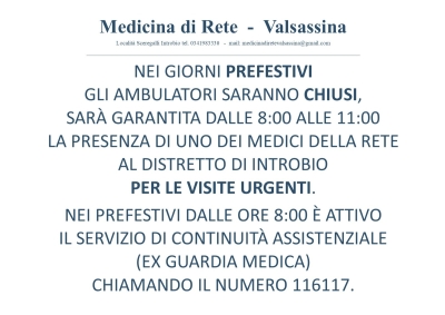 AVVISO DALLA MEDICINA DI RETE VALSASSINA: AMBULATORI CHIUSI NEI PREFESTIVI