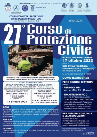 A OTTOBRE IL 27° CORSO DI PROTEZIONE CIVILE