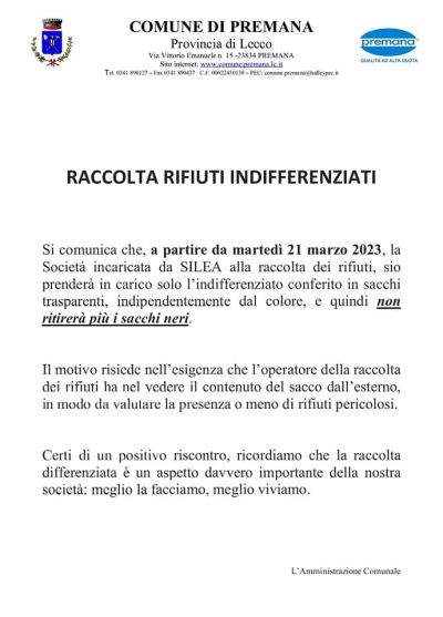 PREMANA, BASTA SACCHI NERI PER L&#039;INDIFFERENZIATO