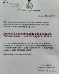 DOMANI SERA S. MESSA DI SUFFRAGIO PRESSO LA SEDE DEL SOCCORSO CENTRO VALSASSINA