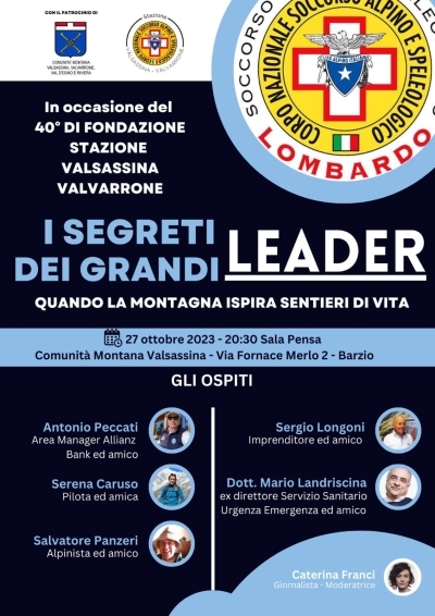 &quot;QUANDO LA MONTAGNA ISPIRA SENTIERI DI VITA&quot;: STASERA IN COMUNITA&#039; MONTANA 5 LEADER SI RACCONTANO. ORGANIZZA IL SOCCORSO ALPINO