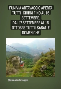 FUNIVIA DI ARTAVAGGIO APERTA FINO AL 16 SETTEMBRE, POI NEI WEEK END